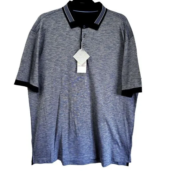 MONTECHIARO Men's Polo Shirt Navy White Zig Zag Print Cotton SZ 56/2XL ITALY - Picture 3 of 16